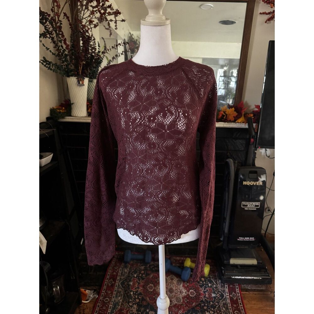 Free People Womens Burgundy Lace Open Knit Long Sleeve Top Sheer Boho Crochet